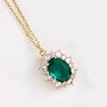 French retro gold necklace with oval emerald gemstone pendant and white zircon halo - Large Oval