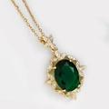 French vintage style gold necklace with oval emerald green gemstone and tiny diamonds - Trefoil Oval