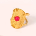 Bohemian 14k gold plated stainless steel ring with oval purple gemstone and leaf carvings - Rose Quartz