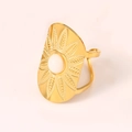 Adjustable 14k gold plated shield ring with radial leaf texture and white pearl center - White Stone