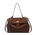 Retro brown suede crossbody bag with vintage golden twist locks and double handles - Coffee