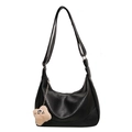 Retro black half-moon tote bag with brown star plush charm for women daily commuting - Black