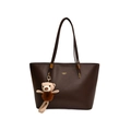 Borsa tote classica in pelle PU marrone scuro con ciondolo a orsetto e logo oro - Senza Ciondolo / Marrone