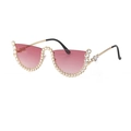 Modische randlose Sonnenbrille mit rosa Farbverlauf, Strassbesatz und goldener Kette - C3 Weinrot