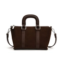 Deep coffee vintage matte suede boston bag with leather handles and silver hardware - Brown
