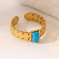 Macro shot of 18k gold vintage ring with turquoise stone and hammered band texture - Adjustable Open / Rectangular Blue Stone (Square Natural Stone Ring-Blue)