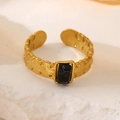 Detailed close-up of a vintage adjustable gold ring with a black marbled gemstone inlay - Adjustable Open / Black Marble Texture (Square Natural Stone Ring-Black)