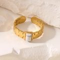 Detailed close-up of adjustable 18k gold plated ring with a rectangular white turquoise stone - Adjustable Open / White Marble Texture (Square Natural Stone Ring-White)