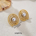 Spiral gold titanium steel earrings with white pearls, 2.2cm diameter and 5g weight - Spiral Pearl Style (A4301)