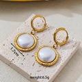 Golden titanium steel hoop earrings with hammered texture and white pearl inlay - Round Pearl Drop Style (A4303)