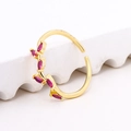 French style gold plated open ring featuring marquise cut rose red cubic zirconia stones - Simple Slim Wavy Leaf Pink Gemstone Style (A4341)