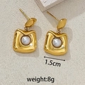 Irregular gold titanium steel earrings featuring a white pearl inlay and fluid design - Irregular Square Pearl Pendant Earrings