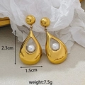Irregular petal-shaped gold-plated stainless steel earrings with center pearl inlay - Water Drop Pendant Pearl Earrings