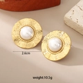 Vintage style hammered gold stainless steel earrings with central pearl and beaded border - Round Irregular Inlaid Pearl Earrings