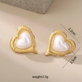 18k gold plated heart stud earrings with inlaid large pearl and textured metal edge - Heart Inlaid Pearl Earrings