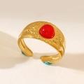 Vintage 18K gold plated stainless steel ring with red agate gemstone and floral texture - Red