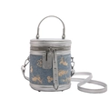 Borsa a secchiello in denim blu con ricami floreali dorati e dettagli metallizzati - Grigio/Bordo Argento
