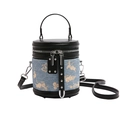 Borsa a secchiello in denim blu con ricami floreali dorati e dettagli in pelle nera - Nero