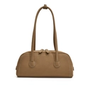 Borsa tote in pelle marrone con cuciture bianche a contrasto e lunghi manici a spalla - Cammello