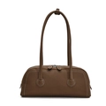 Classic dark brown leather tote bag with elegant white contrast stitching and minimalist design - Tan