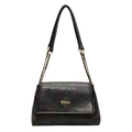 Classic black leather tote bag with gold metal hardware and chain strap on white background - Black