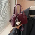 Mini burgundy Boston handbag in faux suede and leather featuring a baseball charm - Without Pendant / Burgundy