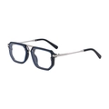 Retro square sunglasses with black and blue hex frame and silver metal double bridge - Shiny Black Silver Frame Blue Light Blocking Clear Lens (C3)