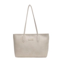 Borsa tote beige minimalista con sottili tracolle ed etichetta moda sul davanti - Bianco Sporco