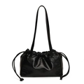 Borsa tote nera con coulisse caratterizzata da eleganti pieghe e spalline lunghe sottili - Nero