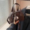 Retro dark brown matte suede crescent handbag with creative baseball pendant and strap - Without Pendant / Brown