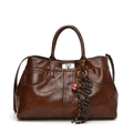 Glossy dark brown large capacity leather tote bag with metallic twist lock and charms - Brown (With Pendant)
