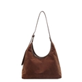 Retro dark brown suede hobo tote bag with adjustable shoulder strap and leather trim - Brown Suede Spliced