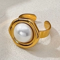 Irregular gold wave bezel pearl ring with an adjustable open band in French vintage style - Oval Pearl Inlaid Ring