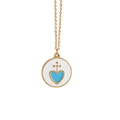 Collana in acciaio inossidabile dorato con ciondolo rotondo bianco e cuore blu - Collana Pendente Rotondo Smalto Cuore Blu