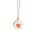 Collier en chaîne dorée avec pendentif rond en émail blanc et motif de cœur orange vif - Collier Pendentif Rond Émail Coeur Orange