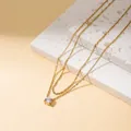 Double-layered gold-tone stainless steel necklace with sparkling cubic zirconia pendant - Gold (A4120)
