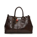 Dark brown glossy tote bag in patent leather with decorative stitching and metallic clasp - Coffee (With Pendant)