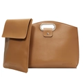 Brown leather large tote and flap clutch set with metallic cutout handle for commuting - 2-Piece Bag Set / Khaki
