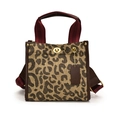 Large leopard print canvas tote bag with brown leather trim and red striped handles - Small Leopard Brown