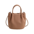 Brown pleated bucket bag with vertical textured leather and adjustable crossbody strap - Khaki