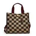 Retro leopard tote bag with checkered canvas pattern and red striped straps shown on white - Large Checkerboard Brown
