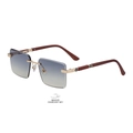 Randlose rechteckige Sonnenbrille mit blau-gelbem Farbverlauf und dunklen Holzbügeln - Goldener Rahmen Grün Gelb zu Grau (C3)