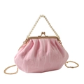 Pink lace textured clutch bag with elegant pearl handle and gold chain strap - Pink