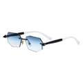 Rimless hexagonal sunglasses with blue gradient lenses and black-white temples - C6 Matte Black White Grey Blue White