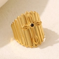 Vertical striped gold ring featuring a vintage cross design with a black zircon stone - Black Stone Style (A4639)
