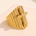18k gold plated stainless steel wide band ring with a sparkling cross flower accent - White Zirconia Style (A4640)