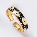 Verstelbare gouden ring met zwart emaille en boze oog patroon in boho-stijl - Zwart
