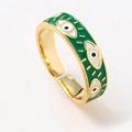 Verstelbare vergulde evil eye ring met groene emaille afwerking en open ontwerp - Groen