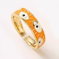 Adjustable open ring with vibrant orange enamel and evil eye pattern in gold finish - Orange