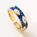 Golden open ring with blue enamel devil's eye charms in a minimalist boho style - Dark Blue
